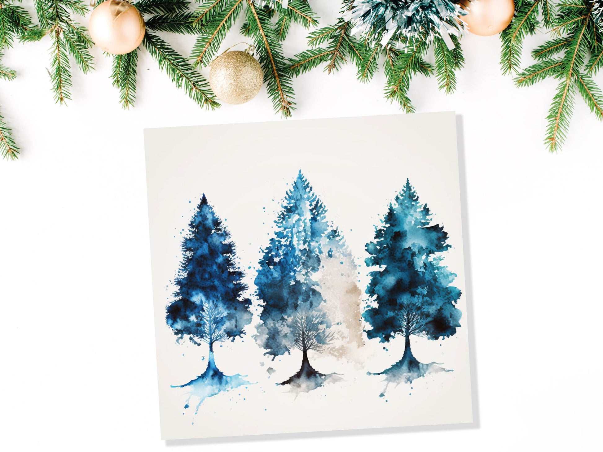 Blue Christmas Trees Card Modern Watercolour Elegant Prussian Fir Tree Messy Painting Style Greetings Cards For Family Friends Xmas 2023