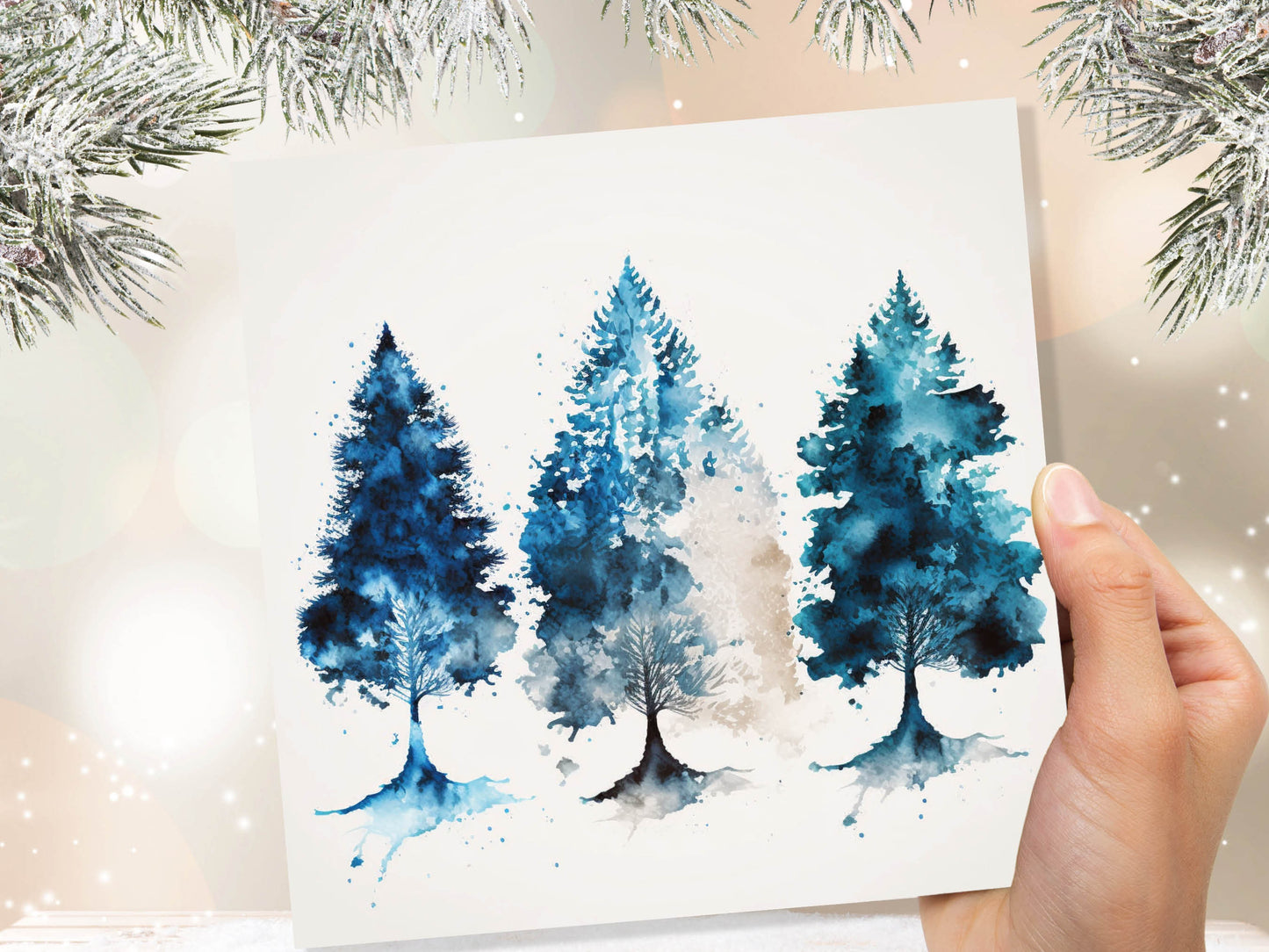 Blue Christmas Trees Card Modern Watercolour Elegant Prussian Fir Tree Messy Painting Style Greetings Cards For Family Friends Xmas 2023