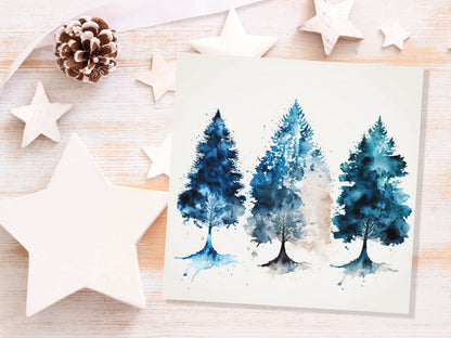 Blue Christmas Trees Card Modern Watercolour Elegant Prussian Fir Tree Messy Painting Style Greetings Cards For Family Friends Xmas 2023