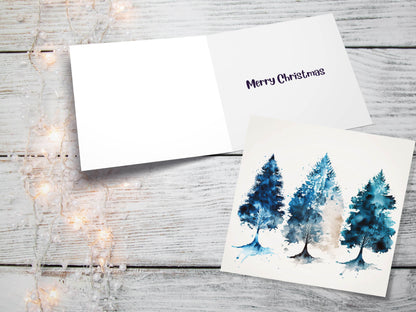 Blue Christmas Trees Card Modern Watercolour Elegant Prussian Fir Tree Messy Painting Style Greetings Cards For Family Friends Xmas 2023