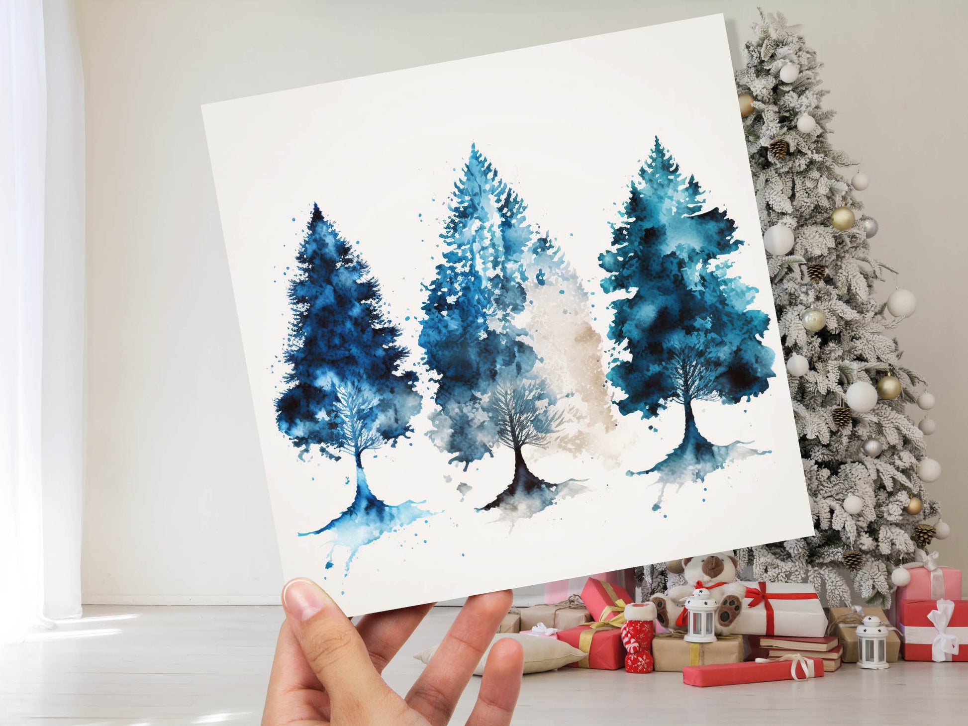 Blue Christmas Trees Card Modern Watercolour Elegant Prussian Fir Tree Messy Painting Style Greetings Cards For Family Friends Xmas 2023