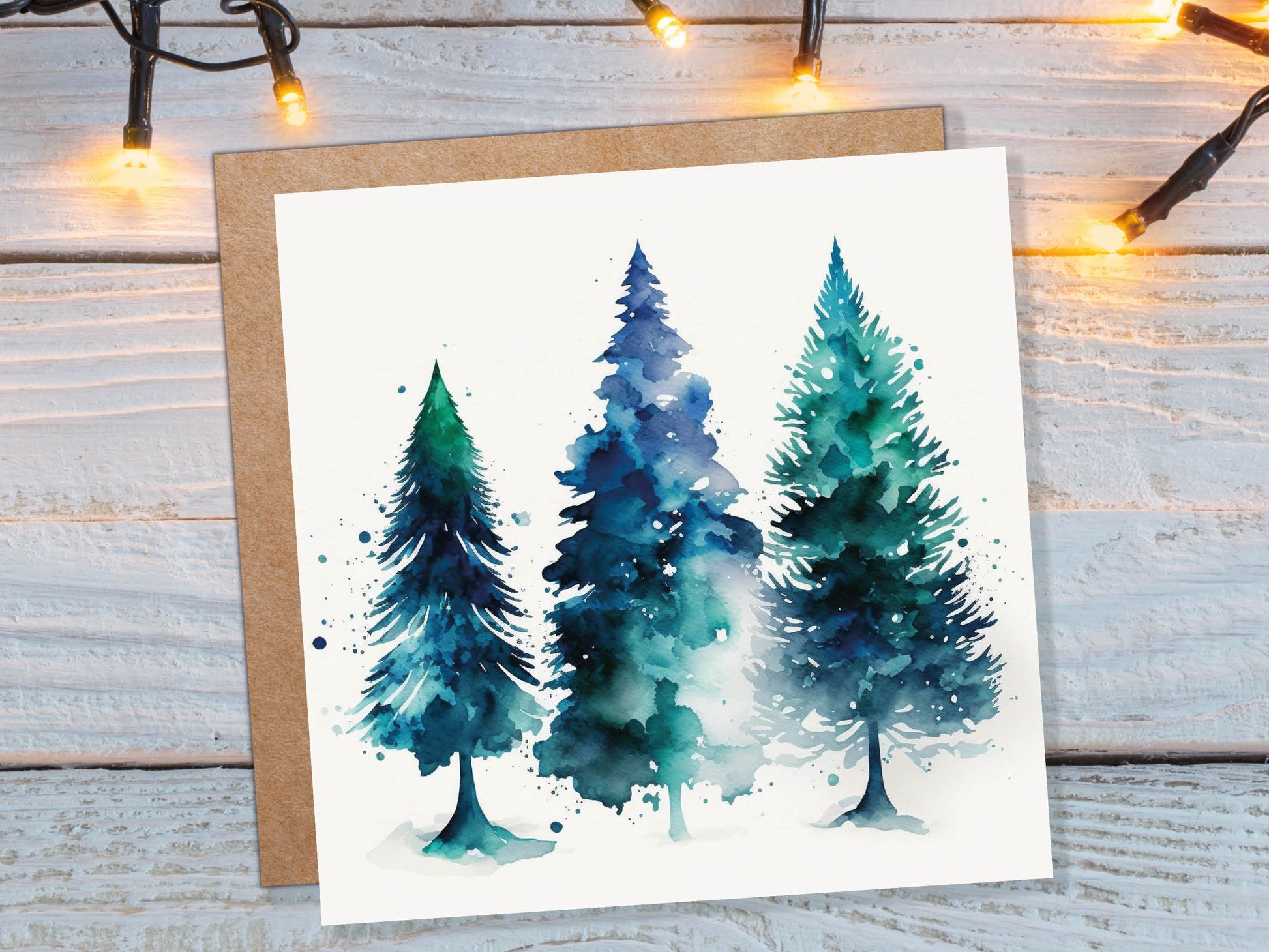 Blue & Green Watercolour Christmas Trees Card Modern Elegant Prussian Fir Tree Messy Painting Greetings Cards For Family Friends Xmas 2023