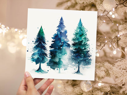 Blue & Green Watercolour Christmas Trees Card Modern Elegant Prussian Fir Tree Messy Painting Greetings Cards For Family Friends Xmas 2023