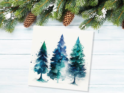 Blue & Green Watercolour Christmas Trees Card Modern Elegant Prussian Fir Tree Messy Painting Greetings Cards For Family Friends Xmas 2023