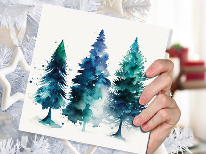 Blue & Green Watercolour Christmas Trees Card Modern Elegant Prussian Fir Tree Messy Painting Greetings Cards For Family Friends Xmas 2023