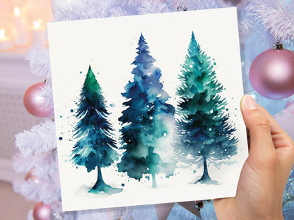 Blue & Green Watercolour Christmas Trees Card Modern Elegant Prussian Fir Tree Messy Painting Greetings Cards For Family Friends Xmas 2023