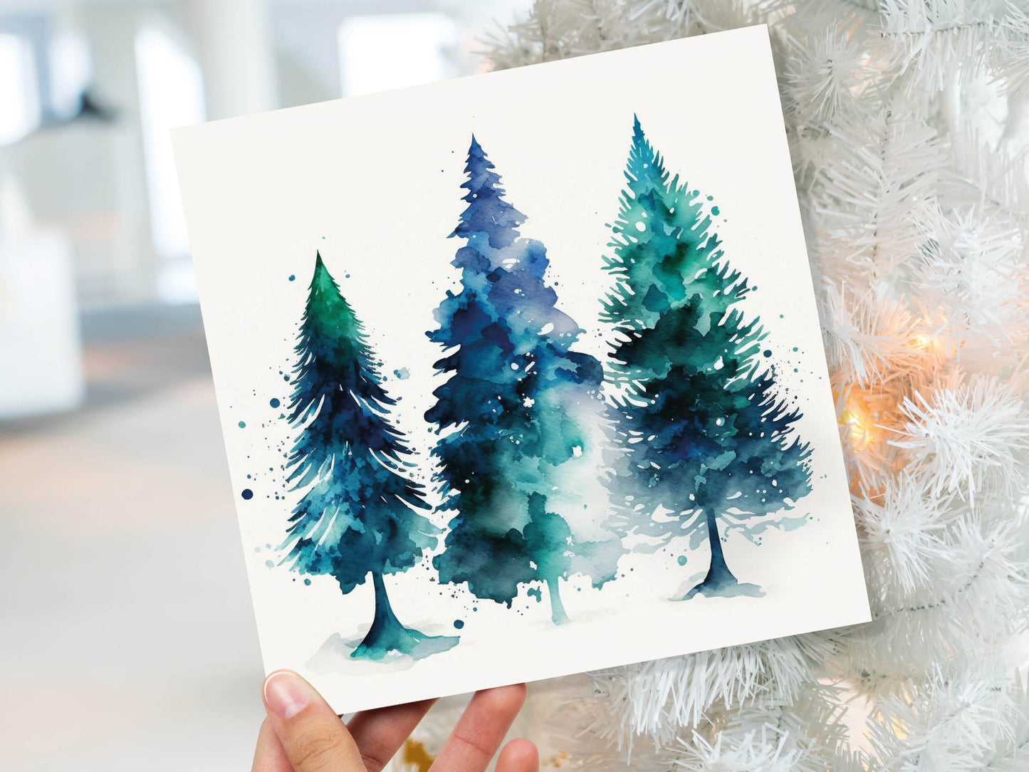 Blue & Green Watercolour Christmas Trees Card Modern Elegant Prussian Fir Tree Messy Painting Greetings Cards For Family Friends Xmas 2023