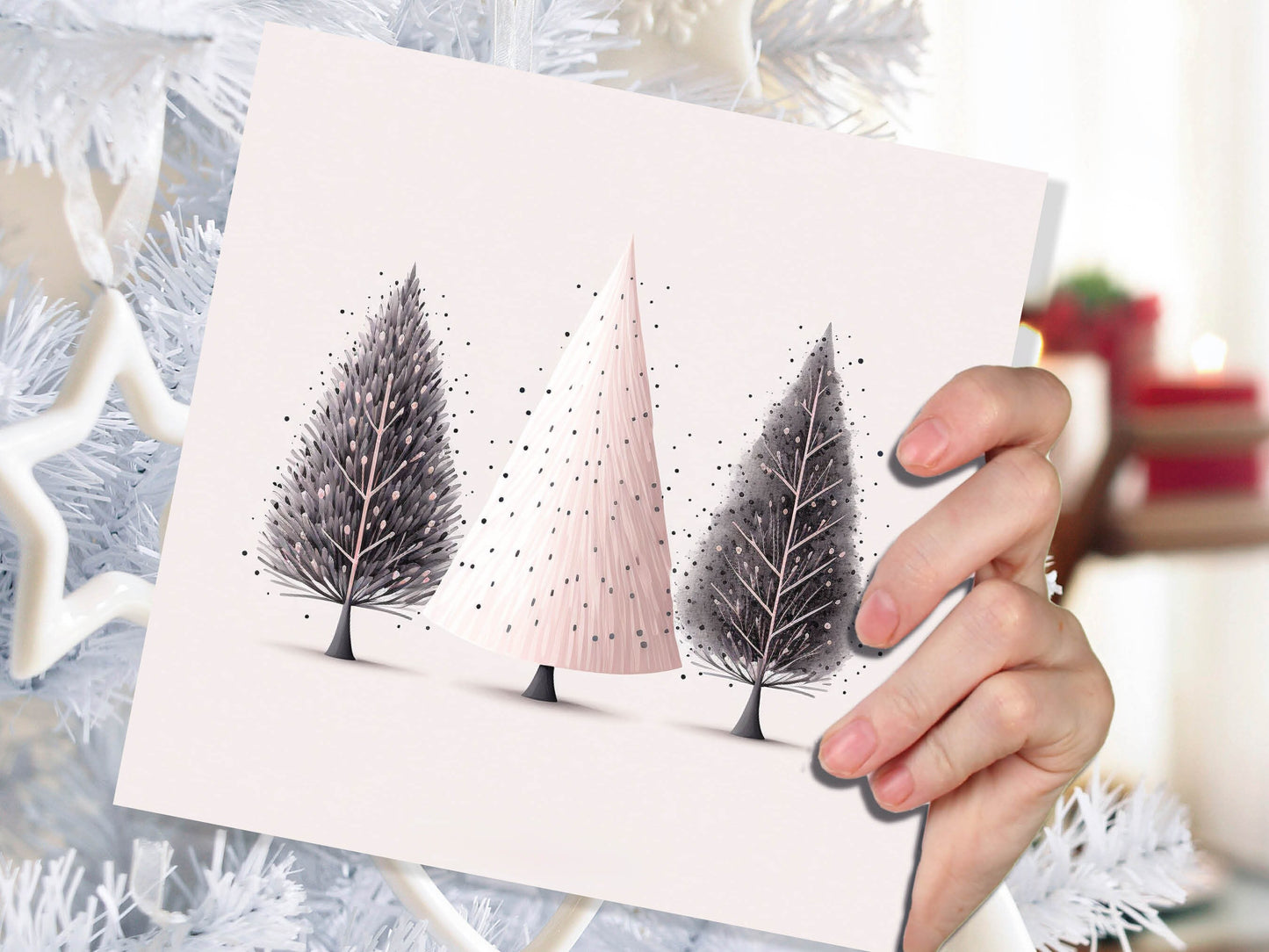 Christmas Trees Illustration Card Modern Elegant Fir Tree Pink Grey White Simple Ink Painting Greetings Cards For Family Friends Xmas 2023