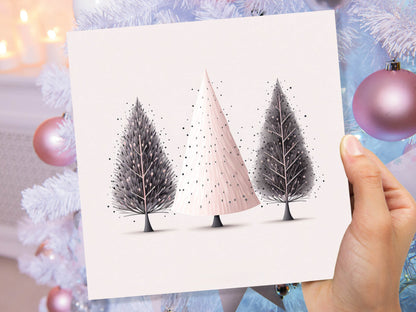 Christmas Trees Illustration Card Modern Elegant Fir Tree Pink Grey White Simple Ink Painting Greetings Cards For Family Friends Xmas 2023