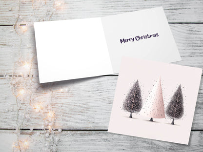 Christmas Trees Illustration Card Modern Elegant Fir Tree Pink Grey White Simple Ink Painting Greetings Cards For Family Friends Xmas 2023