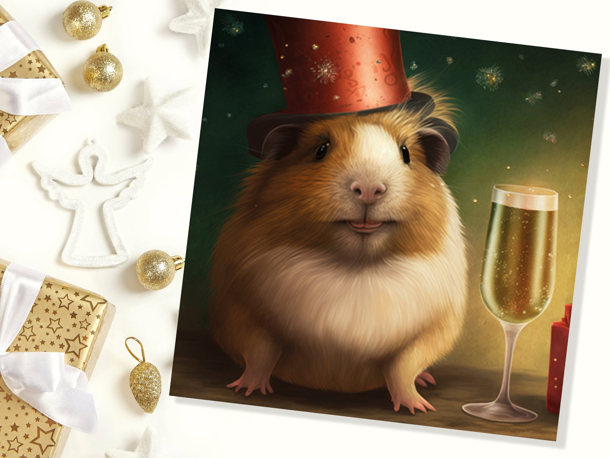 Funny Guinea Pig Christmas Card Drinking Champagne Flute Xmas Party Humour Unique Greetings For Family Friends Xmas 2023 1 or 10 Pack Set