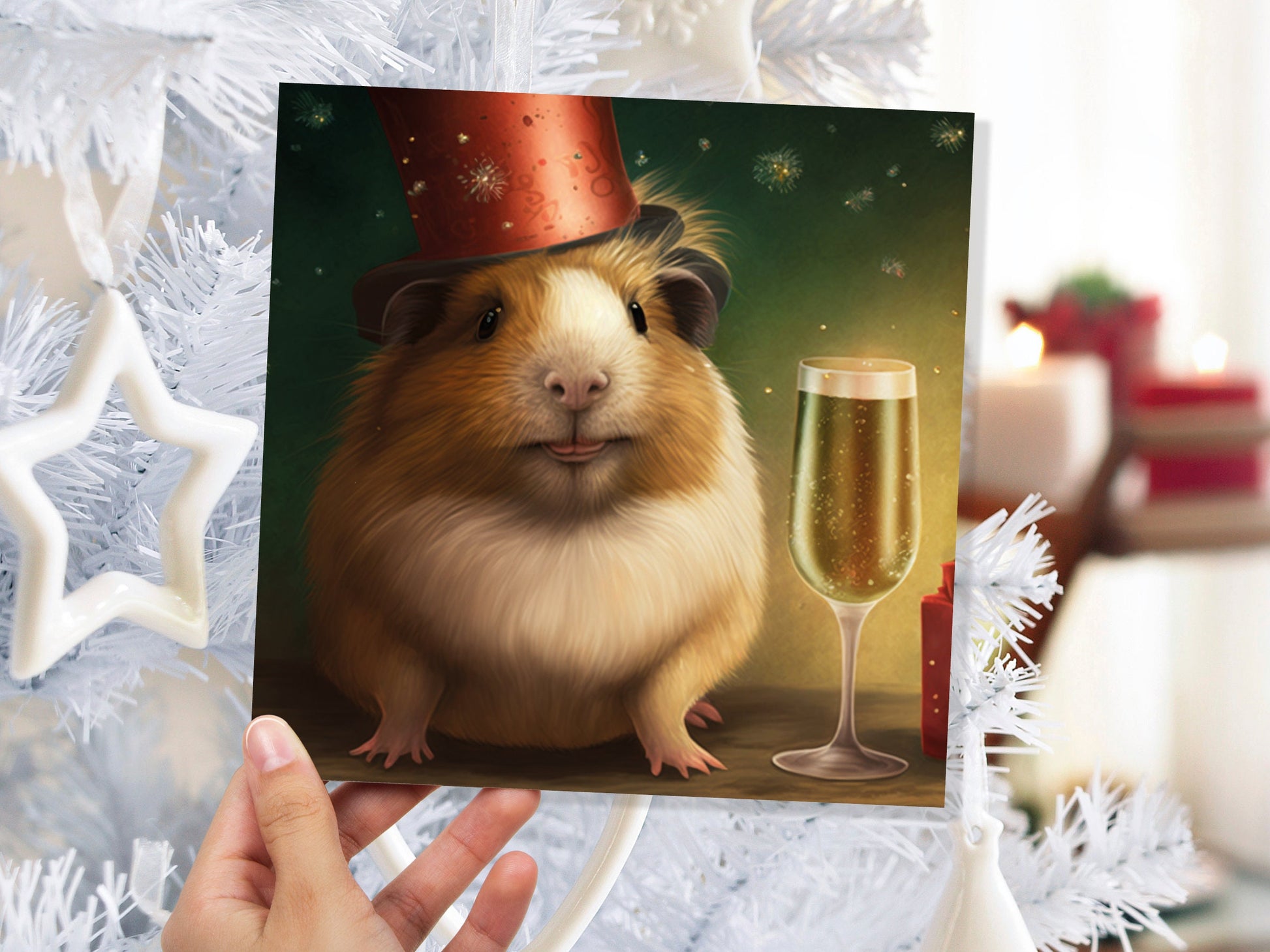 Funny Guinea Pig Christmas Card Drinking Champagne Flute Xmas Party Humour Unique Greetings For Family Friends Xmas 2023 1 or 10 Pack Set