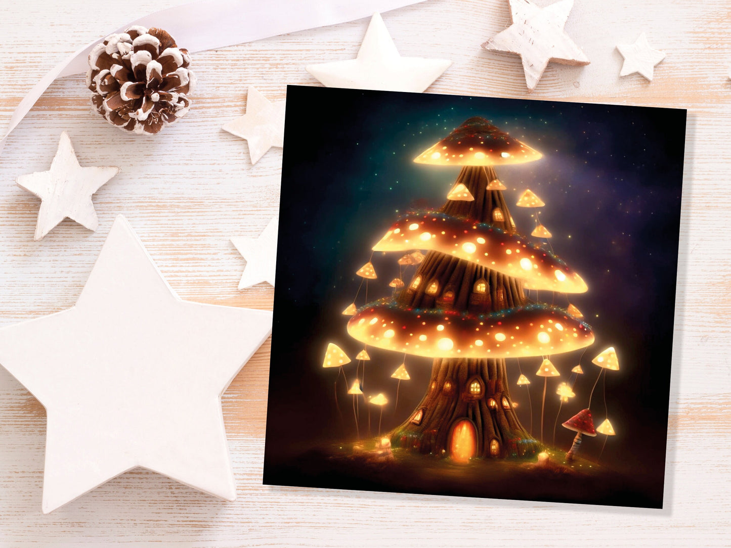 Fairycore Mushroom House Tree Card with Warm Lights Magical Glowing Golden Unique Whimsical Fairytale For Family Friends Birthdays Thank You