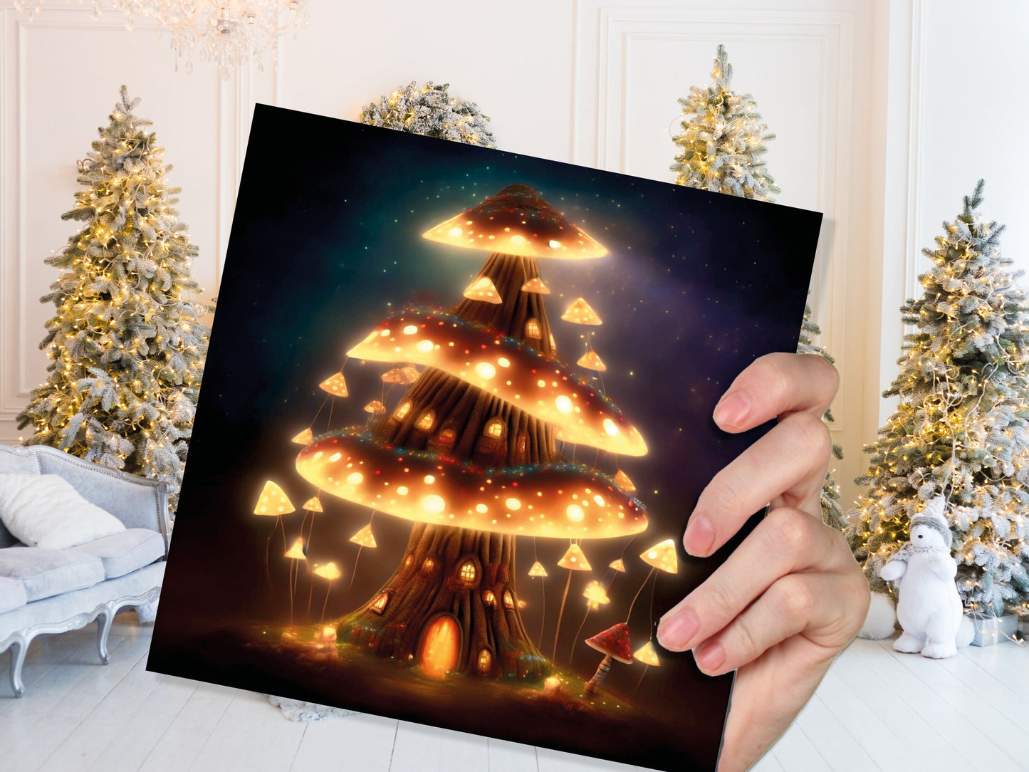 Fairycore Mushroom House Tree Card with Warm Lights Magical Glowing Golden Unique Whimsical Fairytale For Family Friends Birthdays Thank You