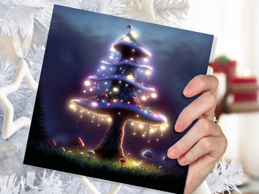 Magical Mushroom Tree House Card Purple Golden Glowing Fairycore Fairytale Fairy Lights Unique Whimsical For Family Friends Birthdays Thanks