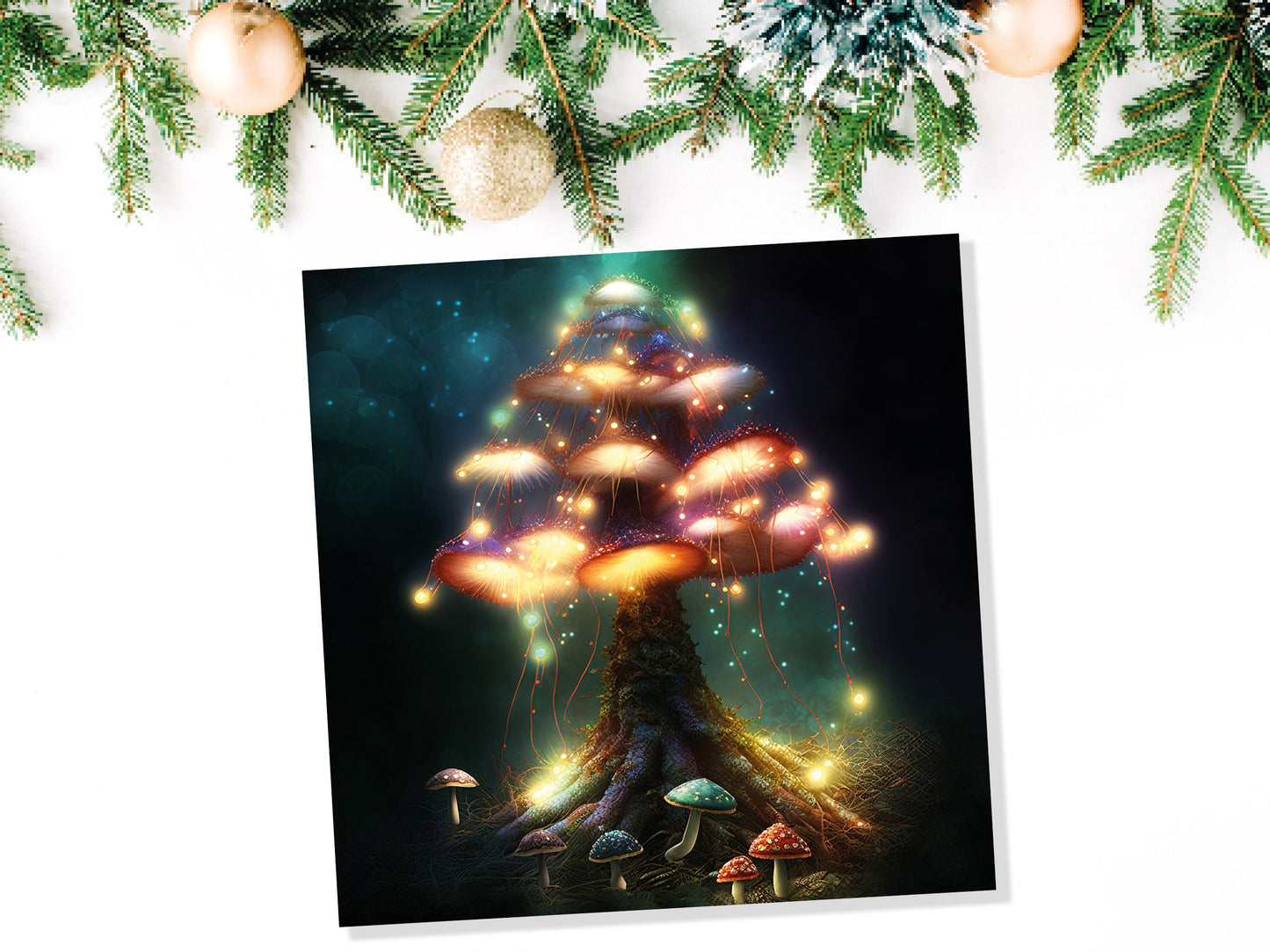 Colourful Magical Mushroom Tree Card Teal Gold Magic Glow Fairycore Fairytale Fairy Lights Unique Whimsical For Family Friends BFF Birthdays