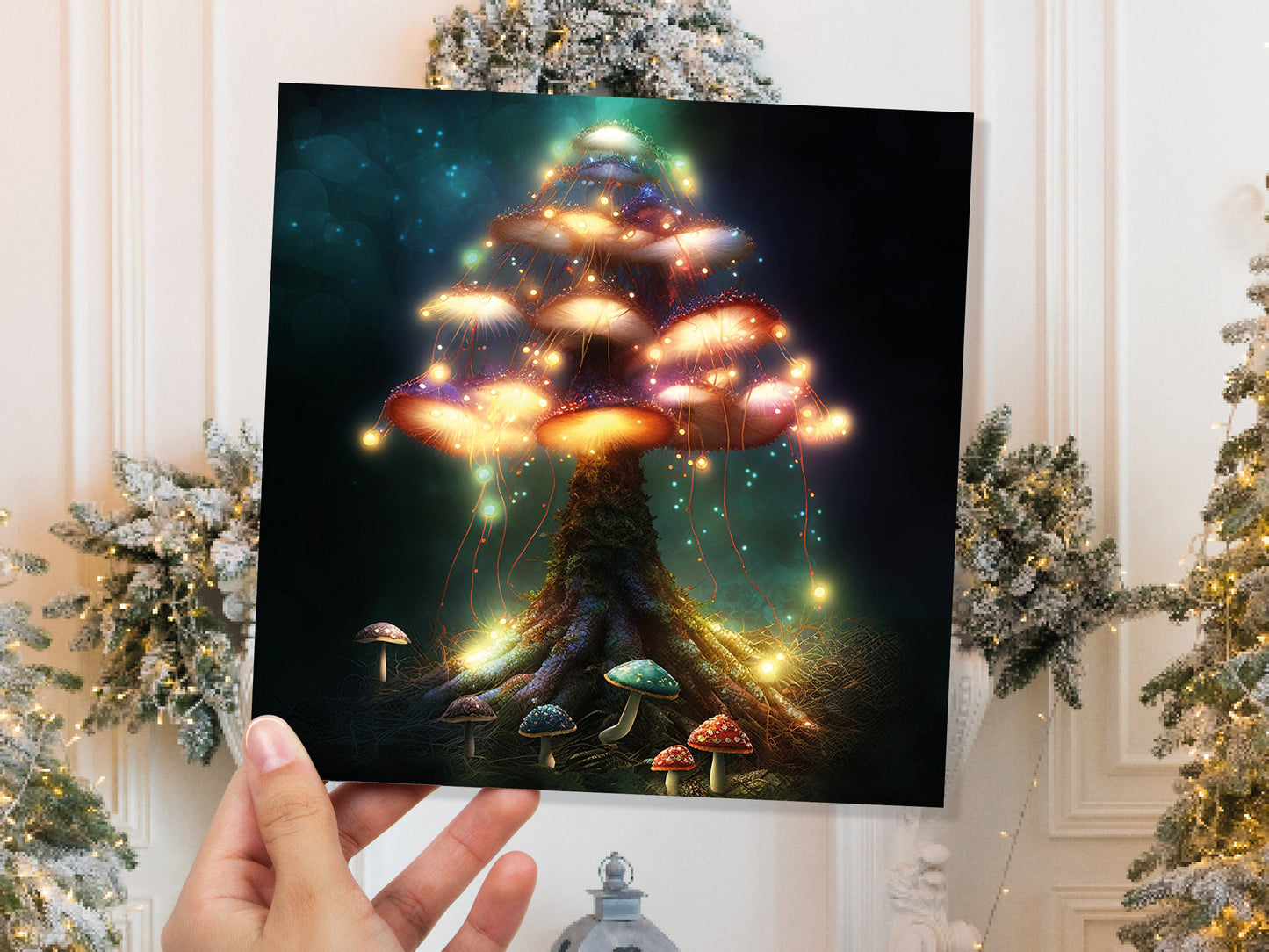 Colourful Magical Mushroom Tree Card Teal Gold Magic Glow Fairycore Fairytale Fairy Lights Unique Whimsical For Family Friends BFF Birthdays