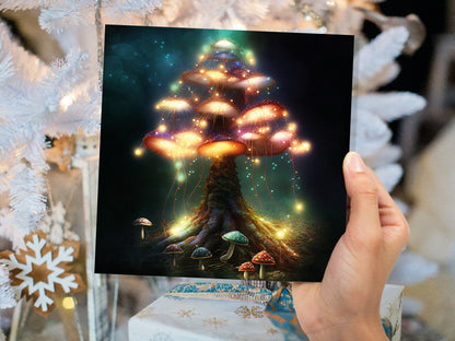 Colourful Magical Mushroom Tree Card Teal Gold Magic Glow Fairycore Fairytale Fairy Lights Unique Whimsical For Family Friends BFF Birthdays