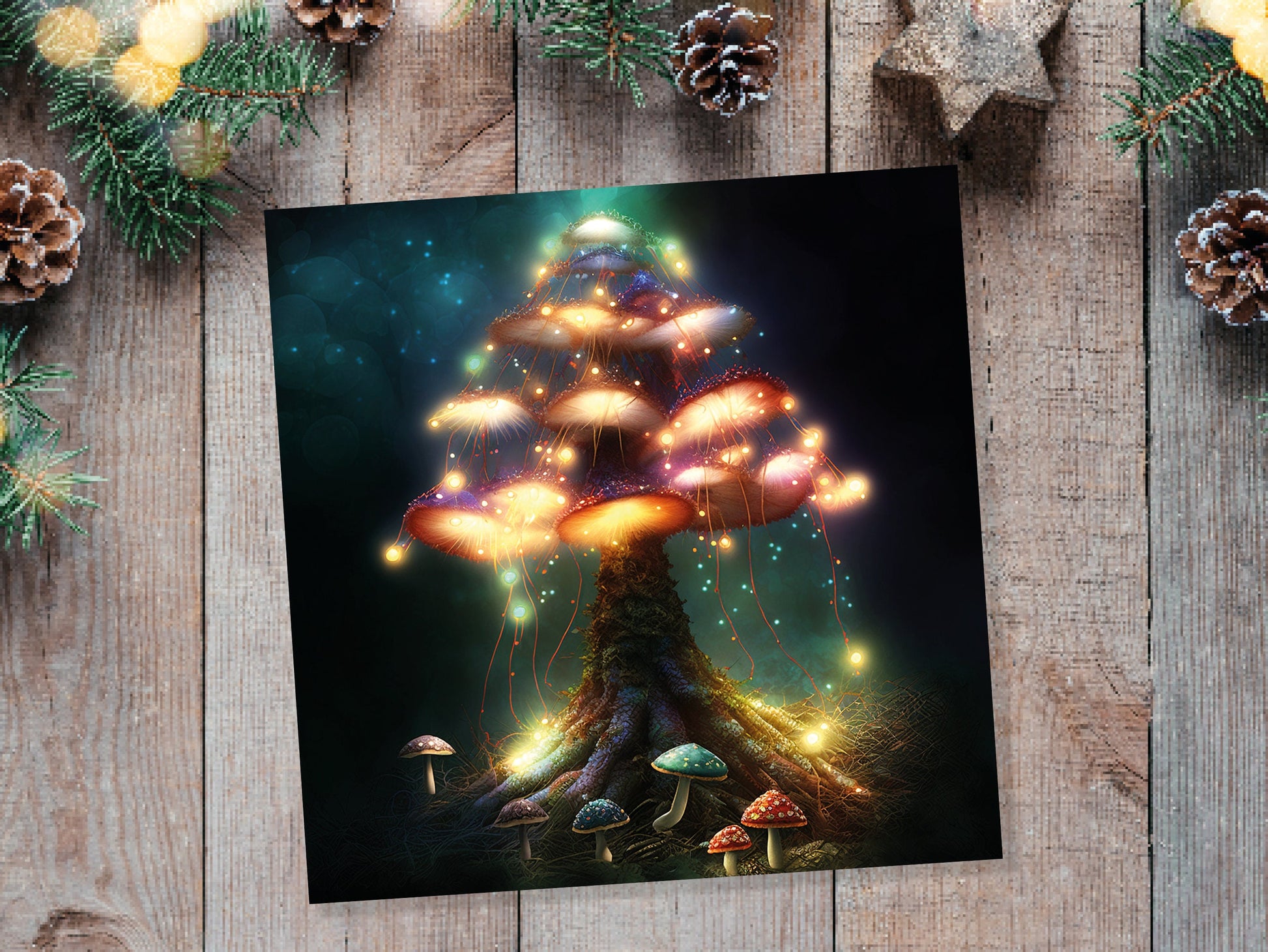 Colourful Magical Mushroom Tree Card Teal Gold Magic Glow Fairycore Fairytale Fairy Lights Unique Whimsical For Family Friends BFF Birthdays