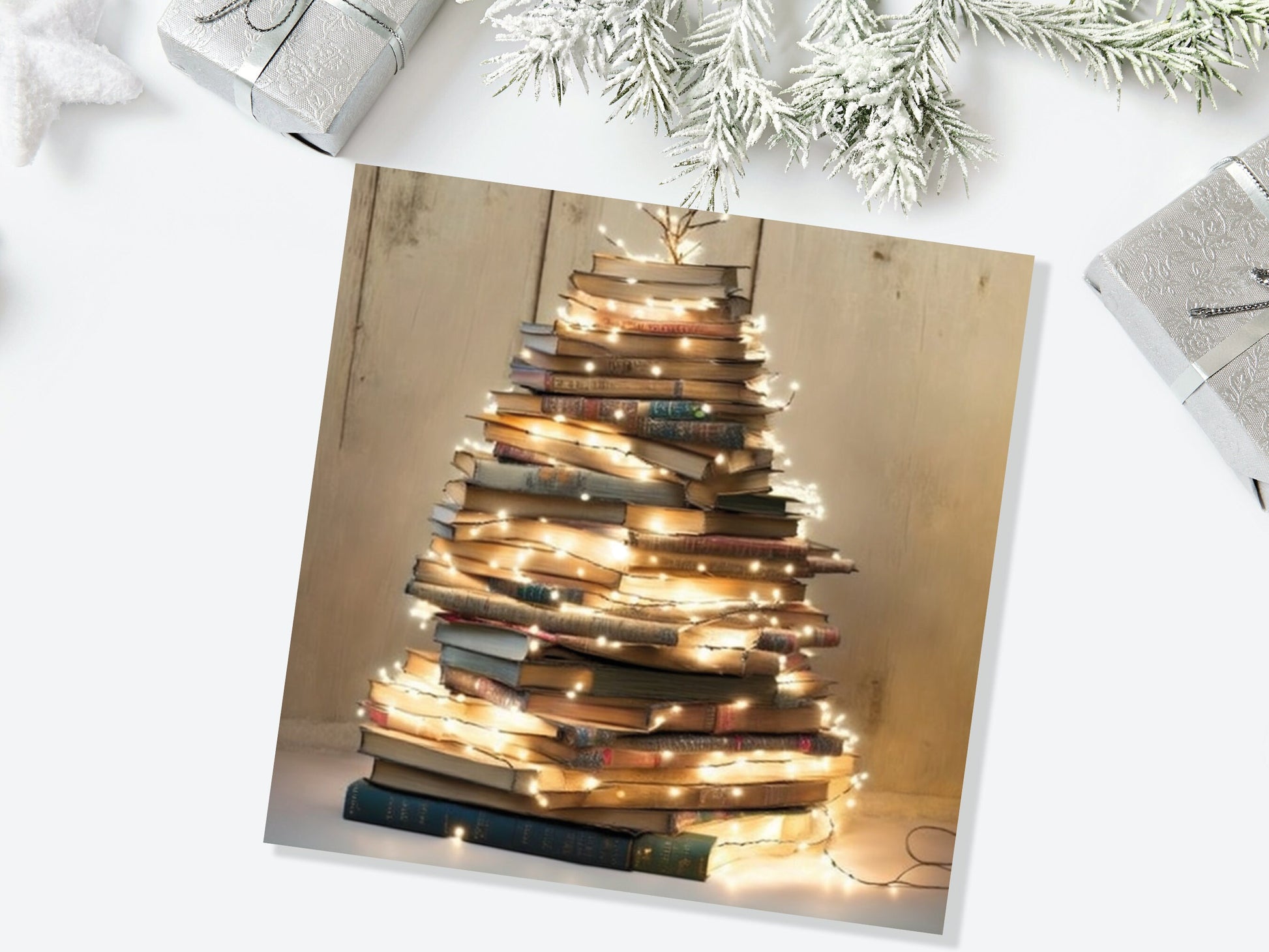 Book Lovers Christmas Card Tree and Fairy Lights Stack of Books Unique Cards for Bookworms Golden Greetings For Family Friends Xmas 2023