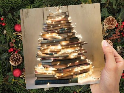 Book Lovers Christmas Card Tree and Fairy Lights Stack of Books Unique Cards for Bookworms Golden Greetings For Family Friends Xmas 2023