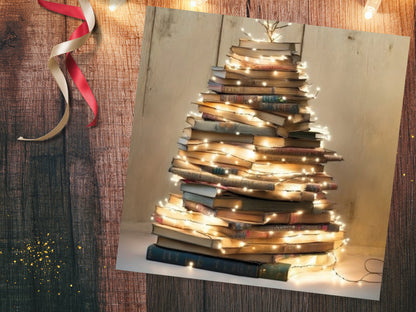 Book Lovers Christmas Card Tree and Fairy Lights Stack of Books Unique Cards for Bookworms Golden Greetings For Family Friends Xmas 2023