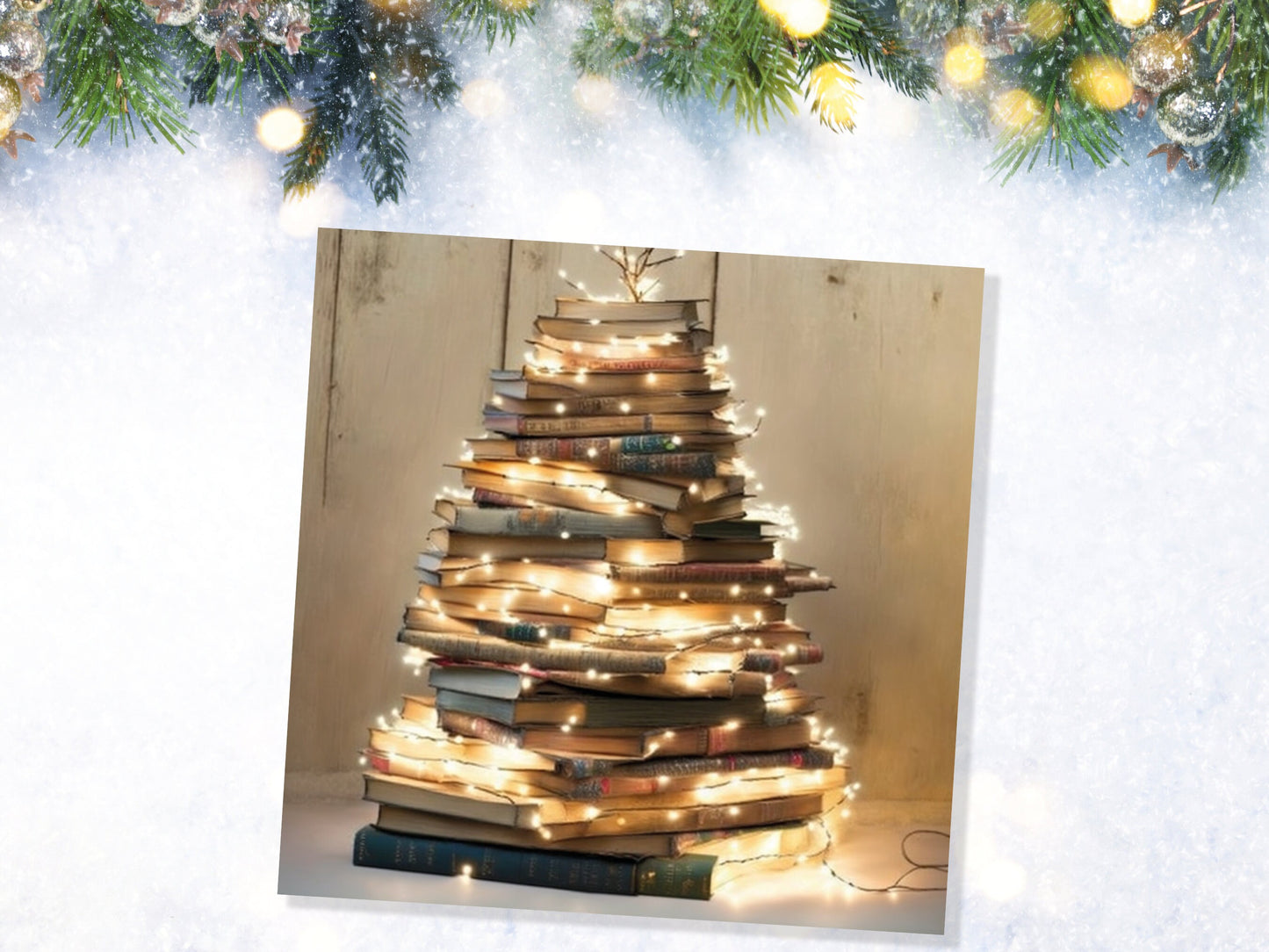 Book Lovers Christmas Card Tree and Fairy Lights Stack of Books Unique Cards for Bookworms Golden Greetings For Family Friends Xmas 2023