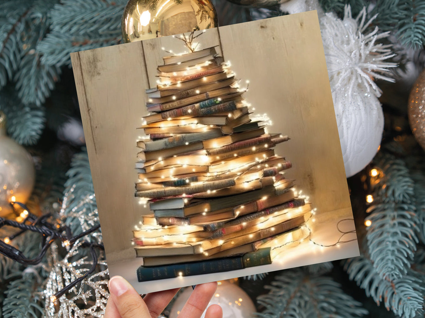 Book Lovers Christmas Card Tree and Fairy Lights Stack of Books Unique Cards for Bookworms Golden Greetings For Family Friends Xmas 2023