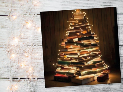 Book Lovers Christmas Tree Card and Fairy Lights Unique Cards for Bookworms Stack of Books Golden Greetings For Family Friends Xmas 2023