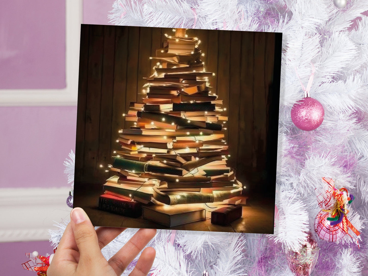 Book Lovers Christmas Tree Card and Fairy Lights Unique Cards for Bookworms Stack of Books Golden Greetings For Family Friends Xmas 2023