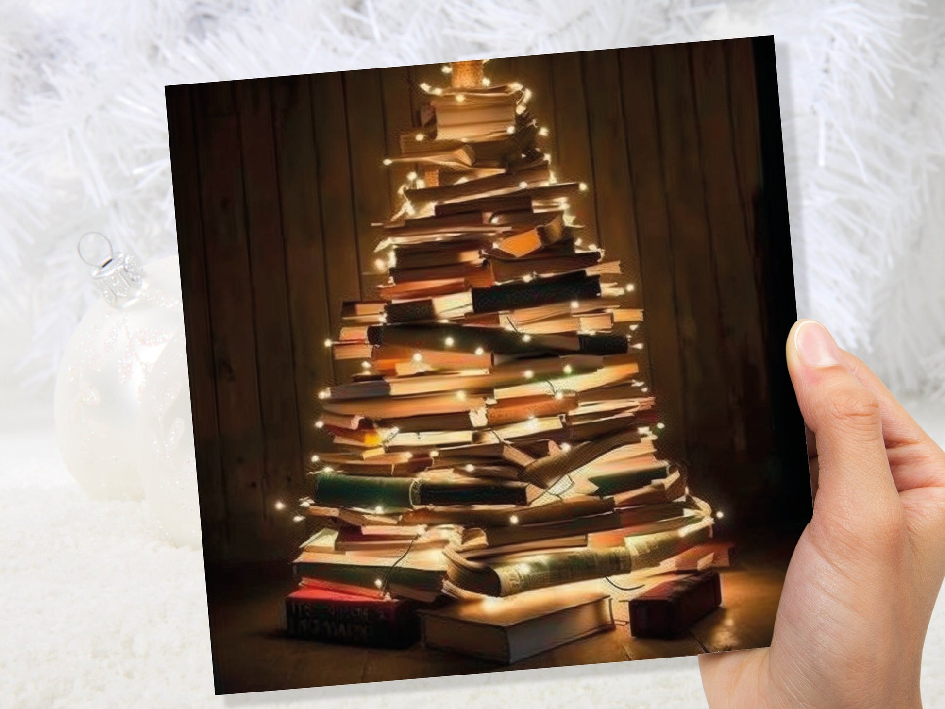 Book Lovers Christmas Tree Card and Fairy Lights Unique Cards for Bookworms Stack of Books Golden Greetings For Family Friends Xmas 2023