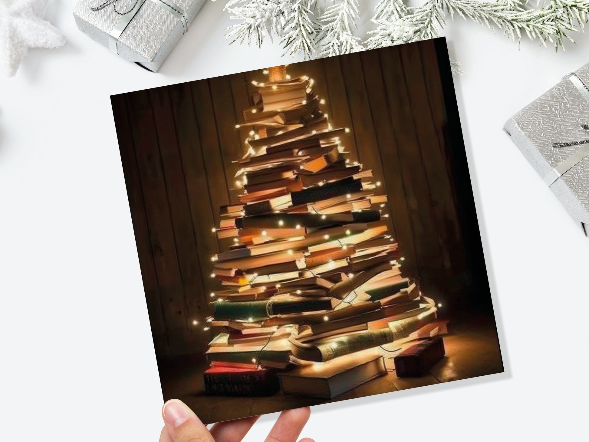 Book Lovers Christmas Tree Card and Fairy Lights Unique Cards for Bookworms Stack of Books Golden Greetings For Family Friends Xmas 2023