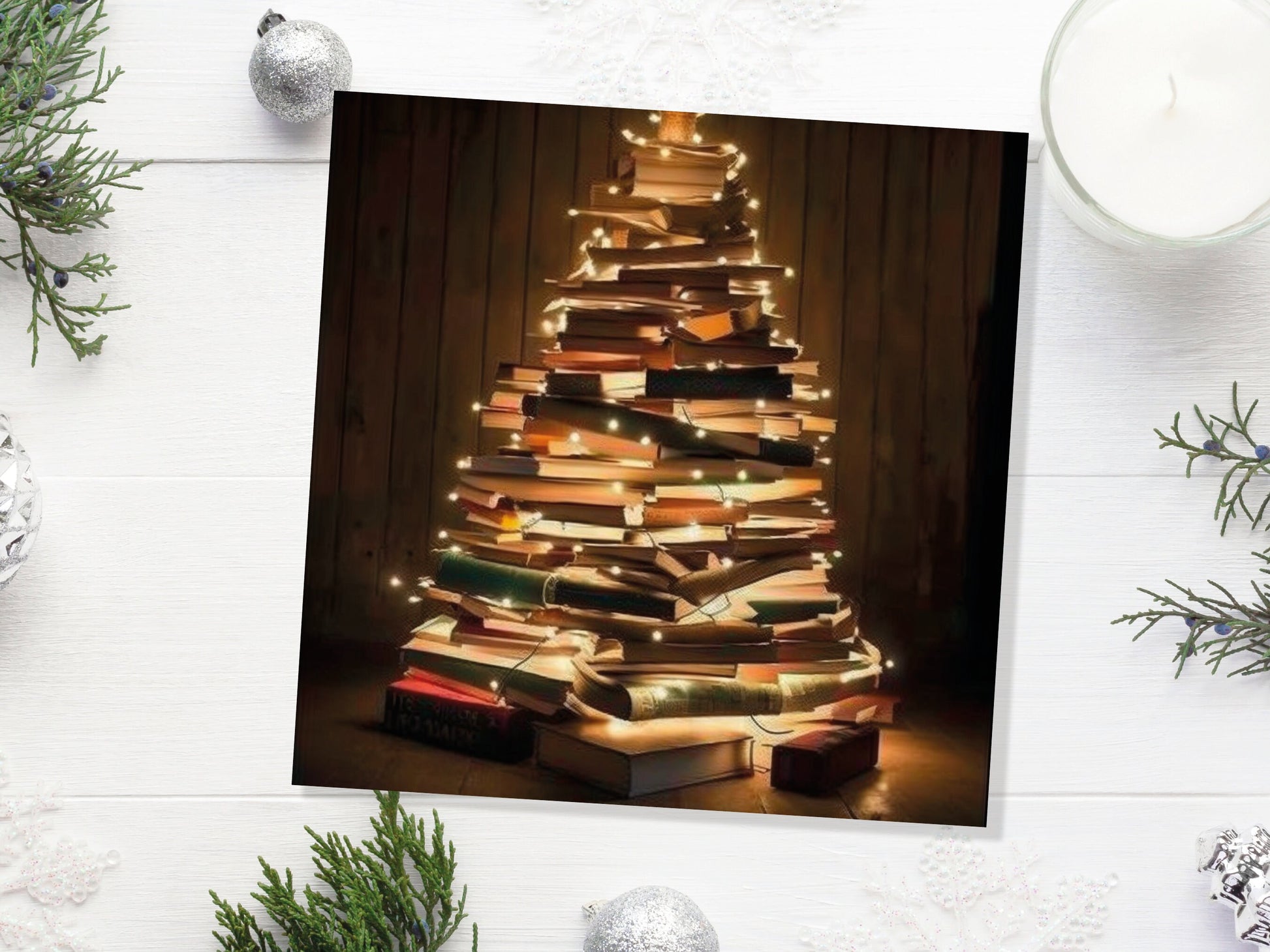 Book Lovers Christmas Tree Card and Fairy Lights Unique Cards for Bookworms Stack of Books Golden Greetings For Family Friends Xmas 2023