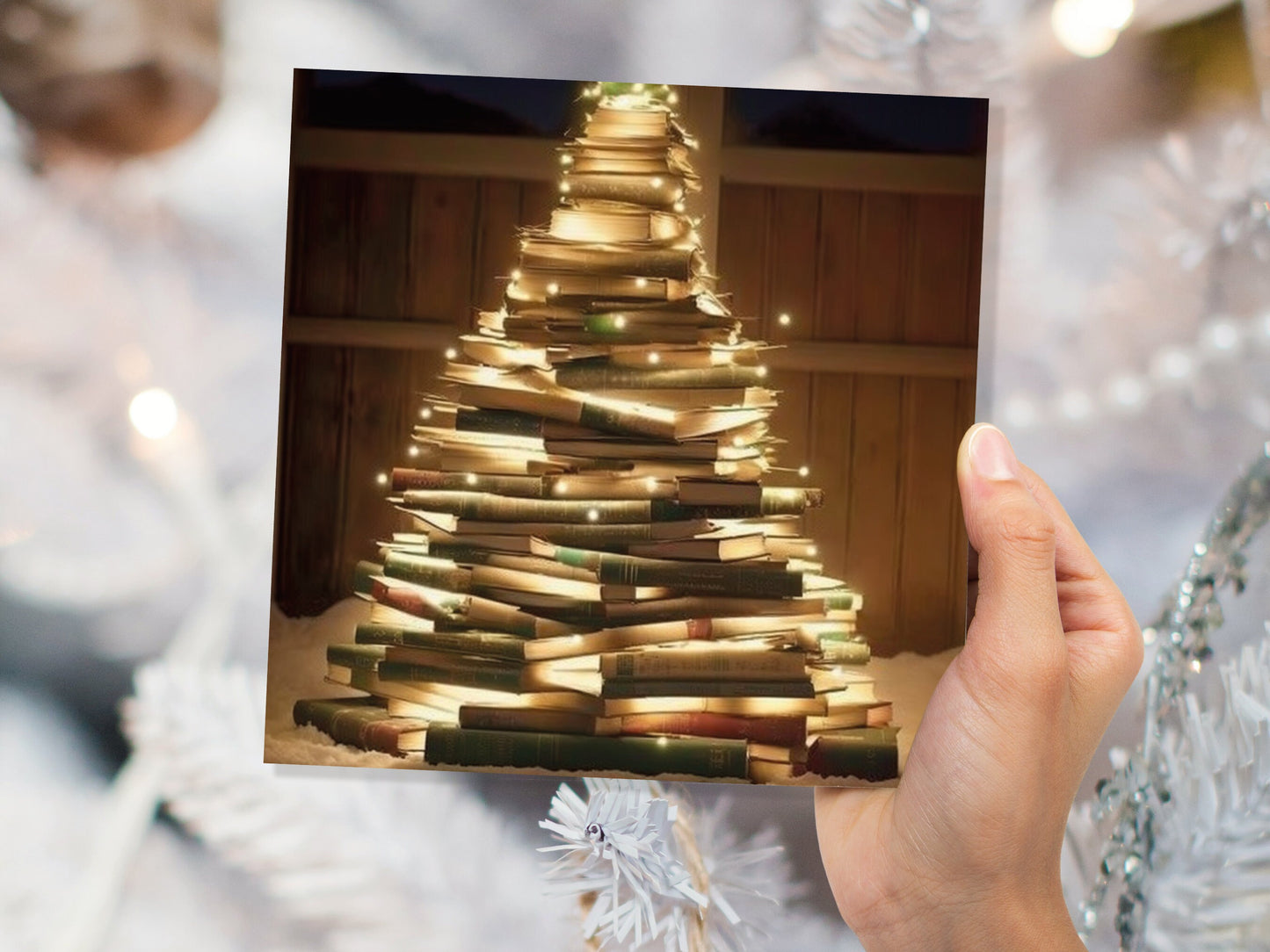 Bookworms Christmas Tree Card for Librarians Book Clubs Library Readers Fairy Lights Stack of Books Greetings For Family Friends Xmas 2023