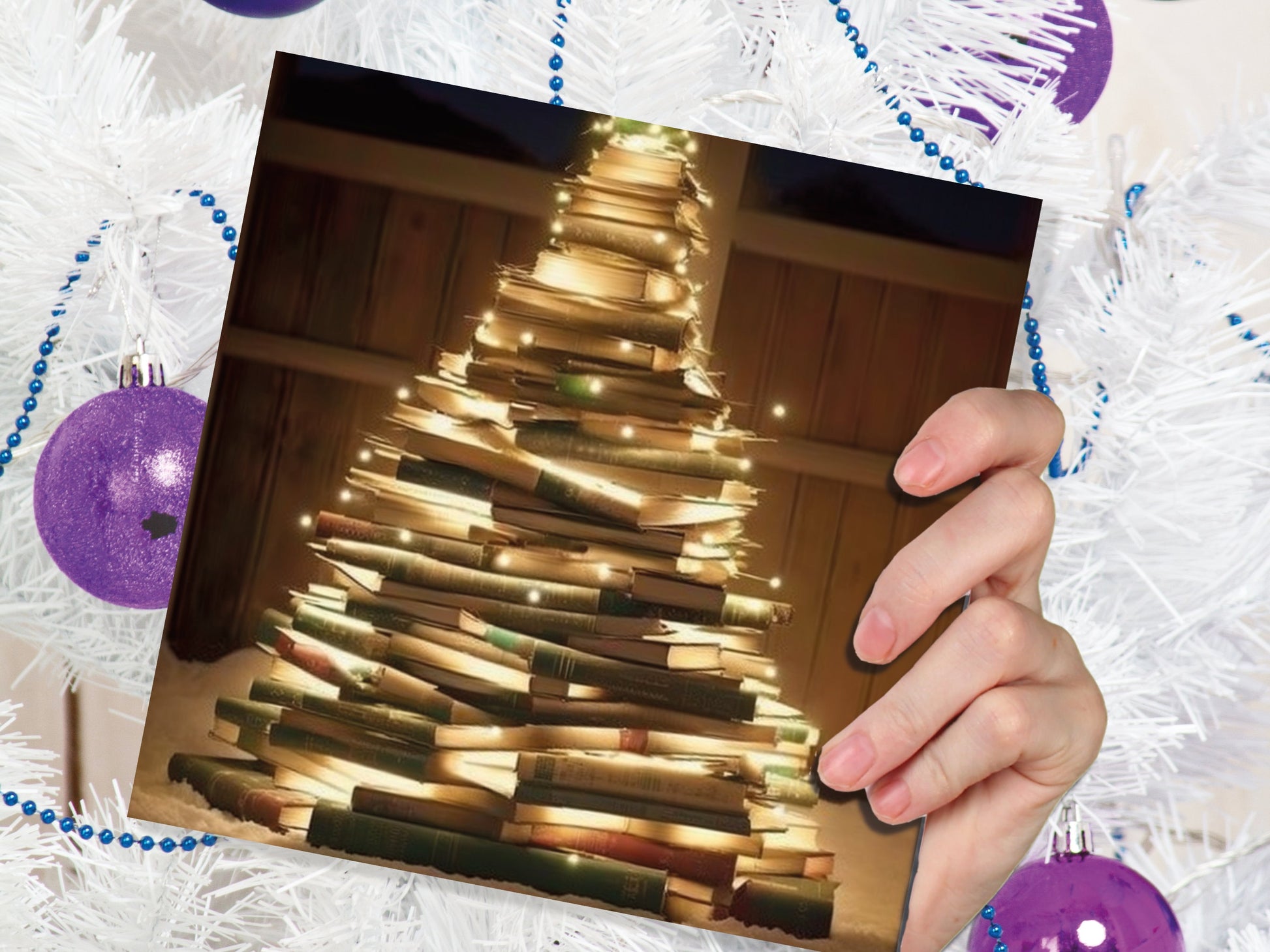 Bookworms Christmas Tree Card for Librarians Book Clubs Library Readers Fairy Lights Stack of Books Greetings For Family Friends Xmas 2023