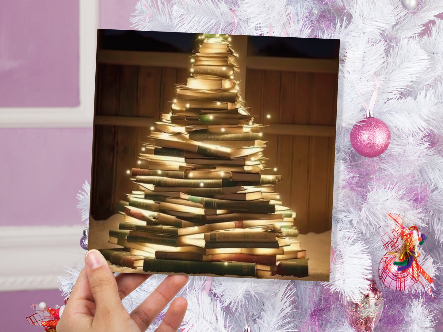 Bookworms Christmas Tree Card for Librarians Book Clubs Library Readers Fairy Lights Stack of Books Greetings For Family Friends Xmas 2023