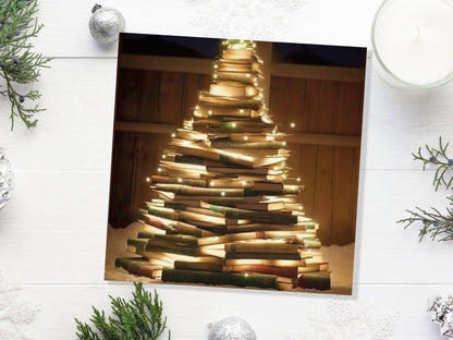 Bookworms Christmas Tree Card for Librarians Book Clubs Library Readers Fairy Lights Stack of Books Greetings For Family Friends Xmas 2023