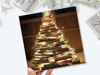 Bookworms Christmas Tree Card for Librarians Book Clubs Library Readers Fairy Lights Stack of Books Greetings For Family Friends Xmas 2023