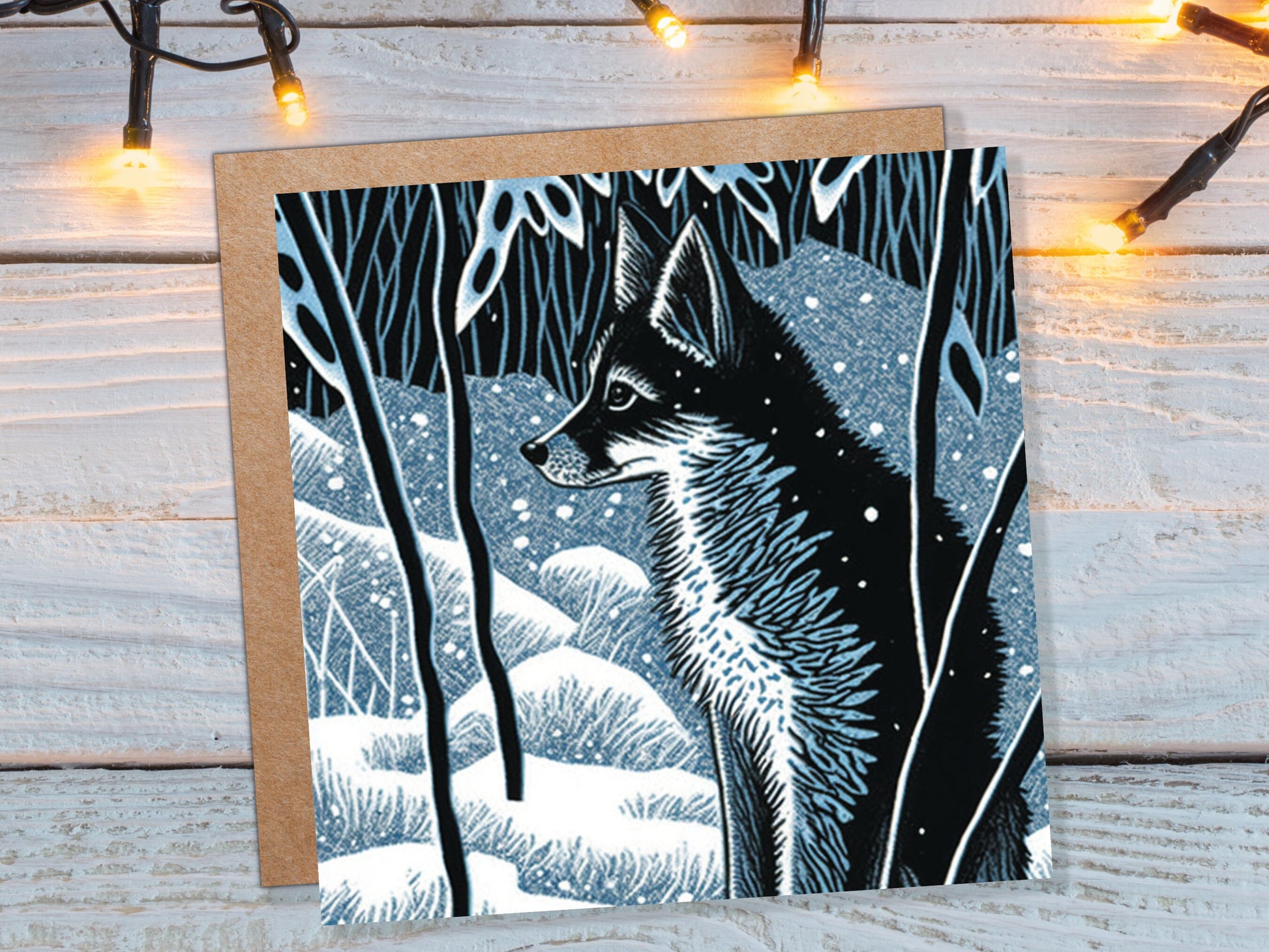 Winter Fox Greeting Card Linocut Forest Illustration Blue White Black Snowy Scene Landscape Greeting For Family Friends Birthdays Thank You