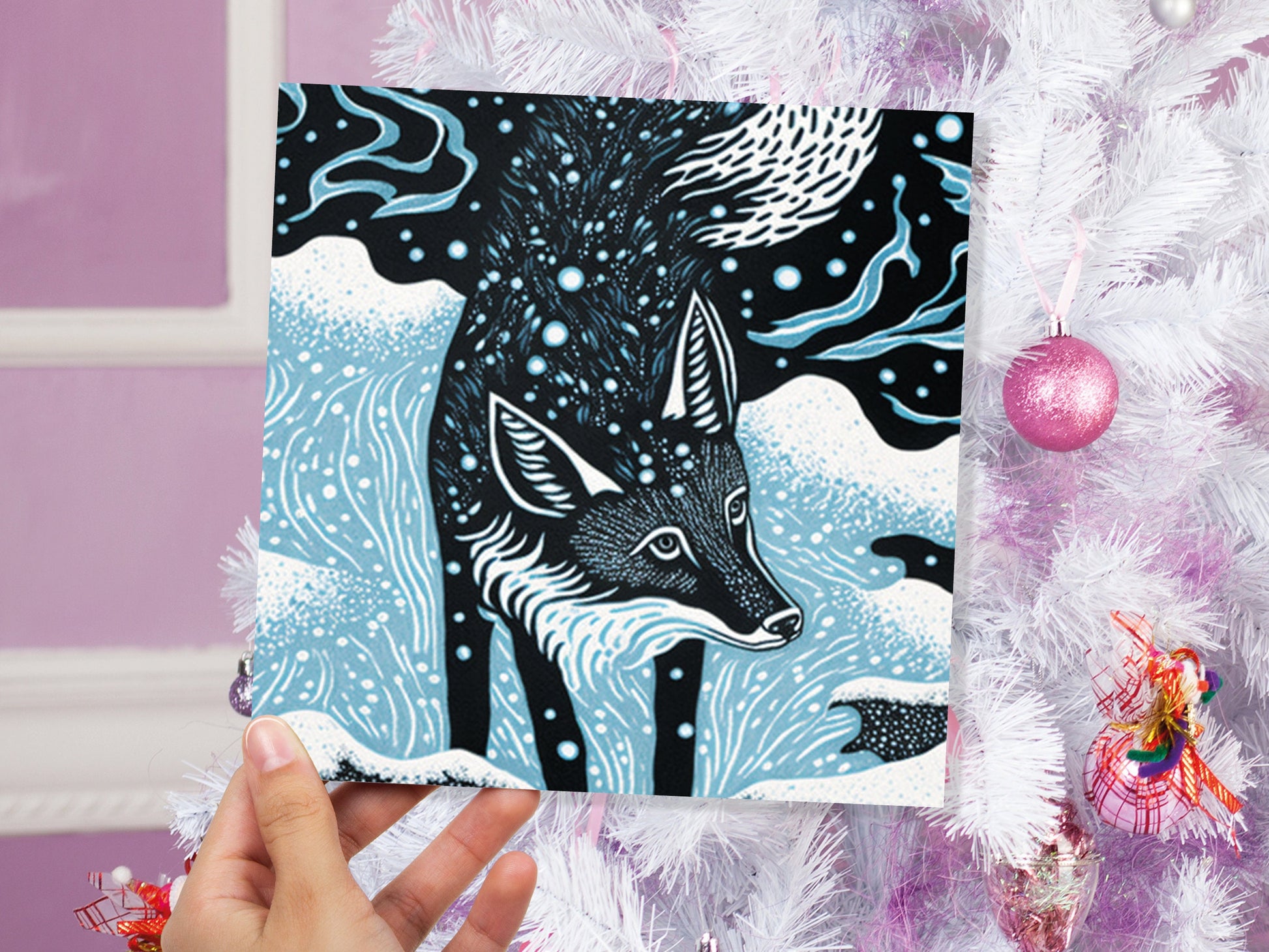 Linocut Fox Card Winter Snowy Woodland Illustration Blue White Black Landscape Snow Scene Greetings For Family Friends Birthdays Thank You