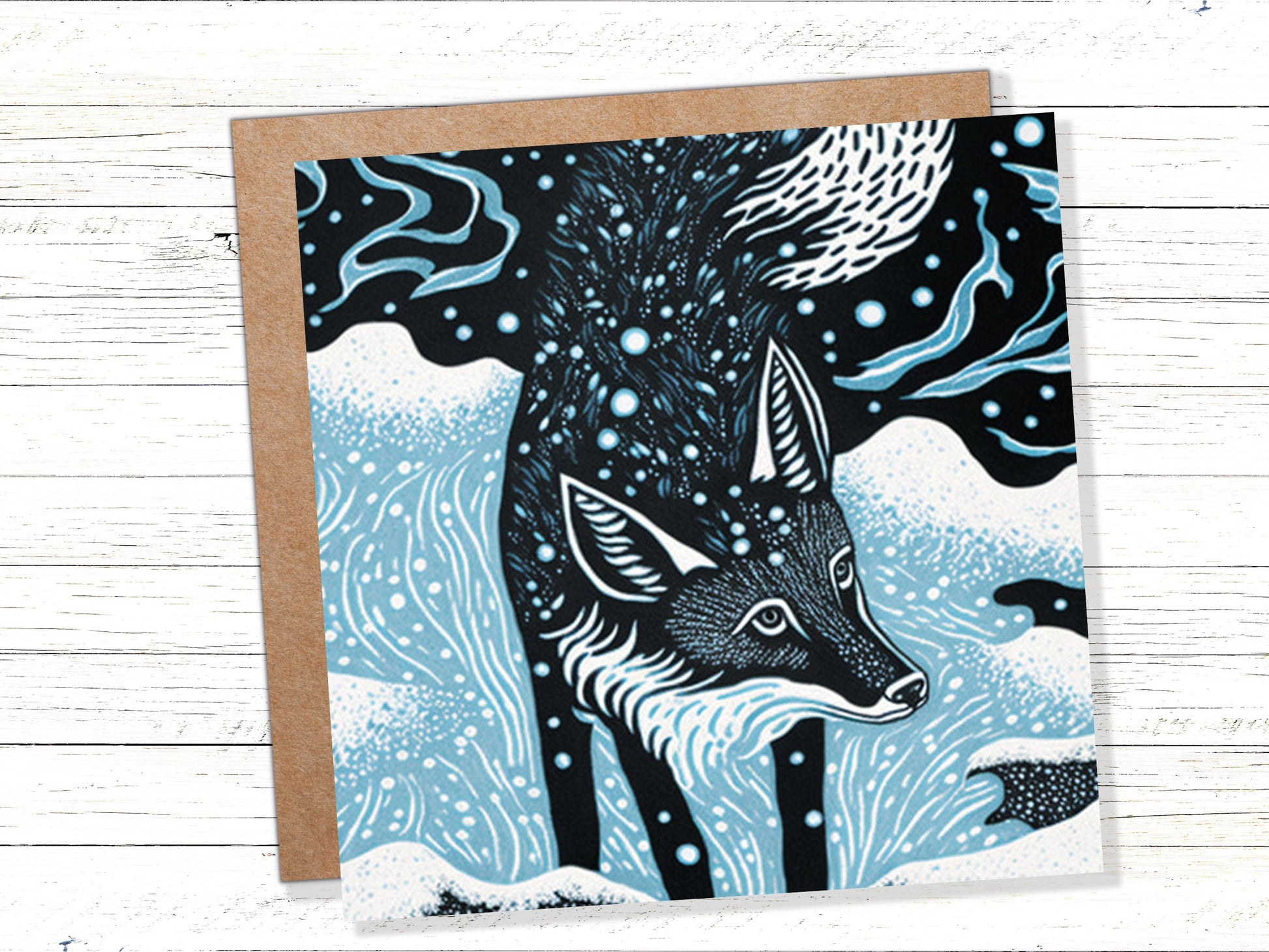 Linocut Fox Card Winter Snowy Woodland Illustration Blue White Black Landscape Snow Scene Greetings For Family Friends Birthdays Thank You