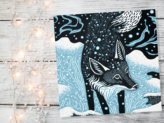 Linocut Fox Card Winter Snowy Woodland Illustration Blue White Black Landscape Snow Scene Greetings For Family Friends Birthdays Thank You