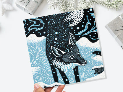 Linocut Fox Card Winter Snowy Woodland Illustration Blue White Black Landscape Snow Scene Greetings For Family Friends Birthdays Thank You