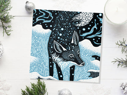 Linocut Fox Card Winter Snowy Woodland Illustration Blue White Black Landscape Snow Scene Greetings For Family Friends Birthdays Thank You