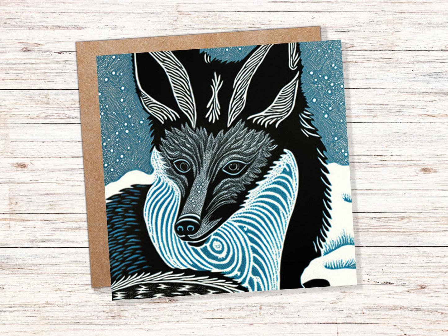 Fox Linocut Card Blue Winter Snowy Illustration White Black Snow Scene Foxes Head Face Ears Greetings For Family Friends Birthdays Thank You