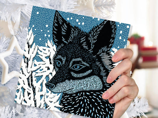 Fox Card Blue Linocut Winter Snowy Illustration White Black Snow Scene Woodland Forest Tree Greetings For Family Friends Birthdays Thank You