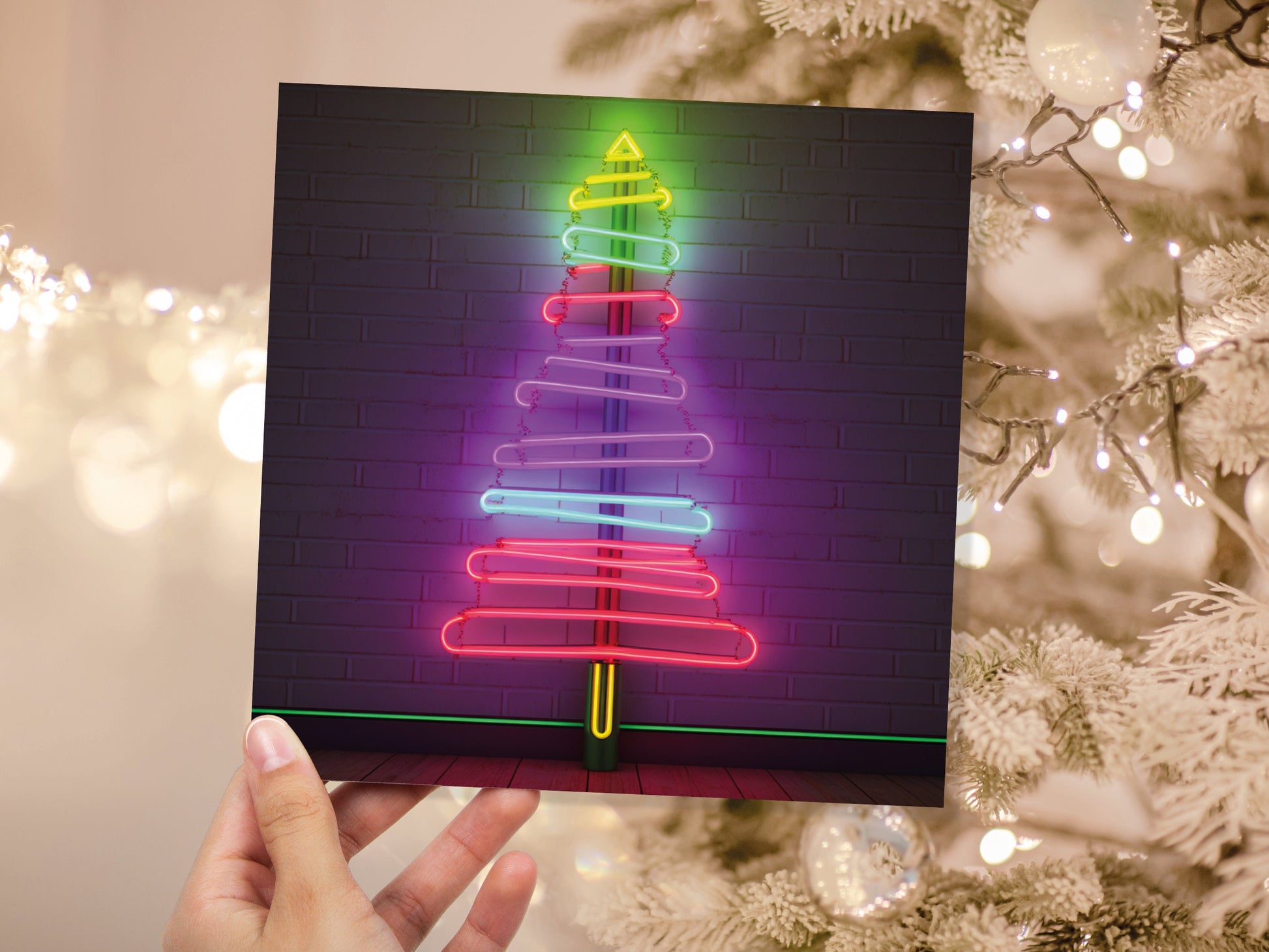 Neon Christmas Card Tree Tube Lighting Glowing Lights Y2K Bright Pink Purple Green Colourful Rainbow Modern Fun For Family Friends Xmas 2023