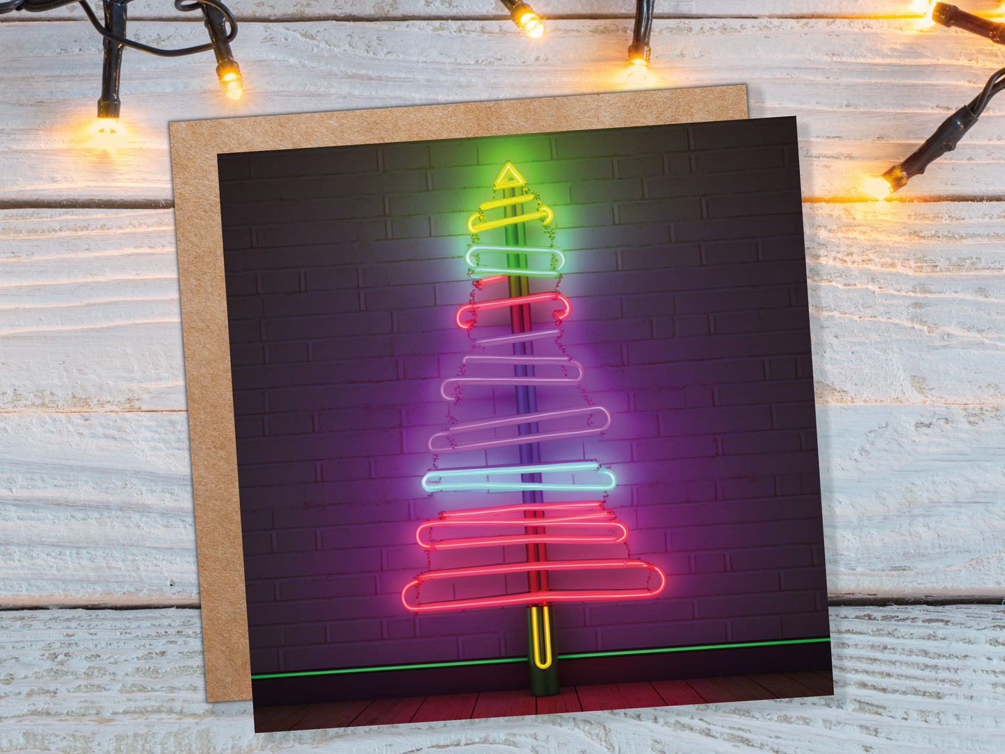 Neon Christmas Card Tree Tube Lighting Glowing Lights Y2K Bright Pink Purple Green Colourful Rainbow Modern Fun For Family Friends Xmas 2023