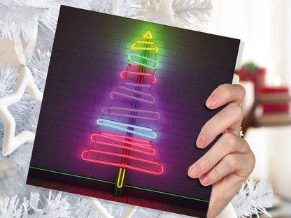 Neon Christmas Card Tree Tube Lighting Glowing Lights Y2K Bright Pink Purple Green Colourful Rainbow Modern Fun For Family Friends Xmas 2023