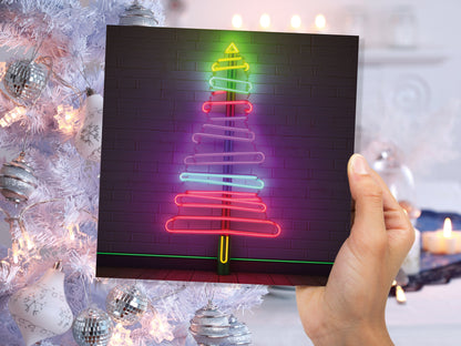 Neon Christmas Card Tree Tube Lighting Glowing Lights Y2K Bright Pink Purple Green Colourful Rainbow Modern Fun For Family Friends Xmas 2023